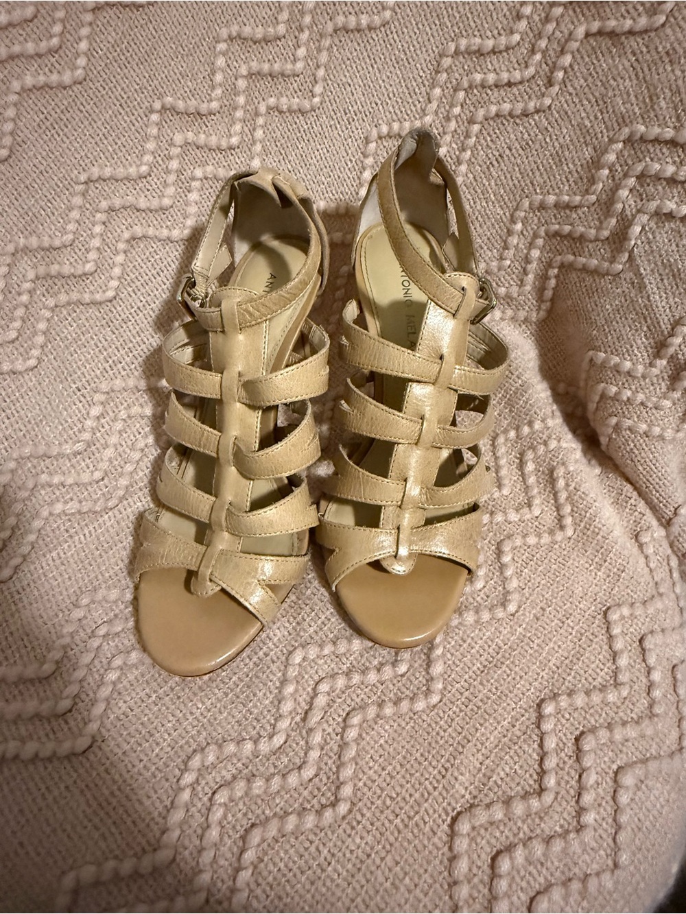 Antonio Melani Beige Leather Strappy‎ Cage Heels Ankle Strap Sandals Womens 7.5